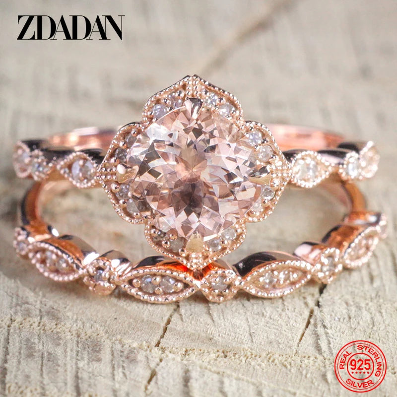 925 Sterling Silver 18K Rose Gold CZ Rings for Women Wedding Jewelry Party Gift