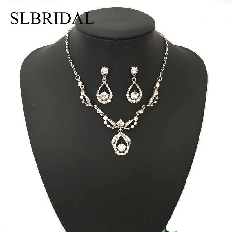 Crystal Bridal Wedding Jewelry Sets African Beads Silver Color Rhinestones Women Necklace Set Engagement Prom Jewelry
