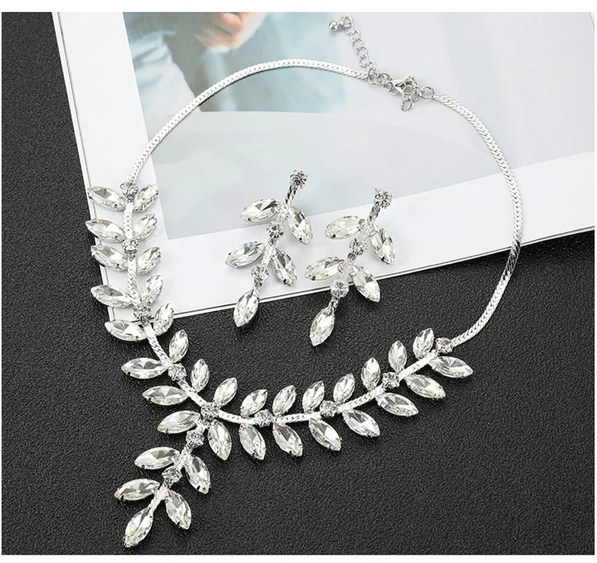 Crystal Bridal Wedding Jewelry Sets African Beads Silver Color Rhinestones Women Necklace Set Engagement Prom Jewelry