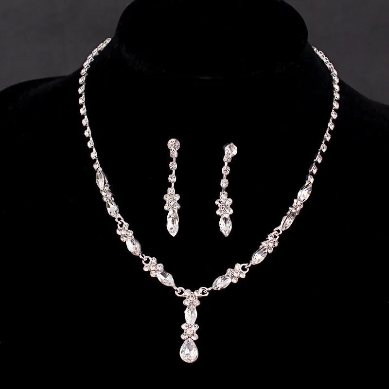 Crystal Bridal Wedding Jewelry Sets African Beads Silver Color Rhinestones Women Necklace Set Engagement Prom Jewelry