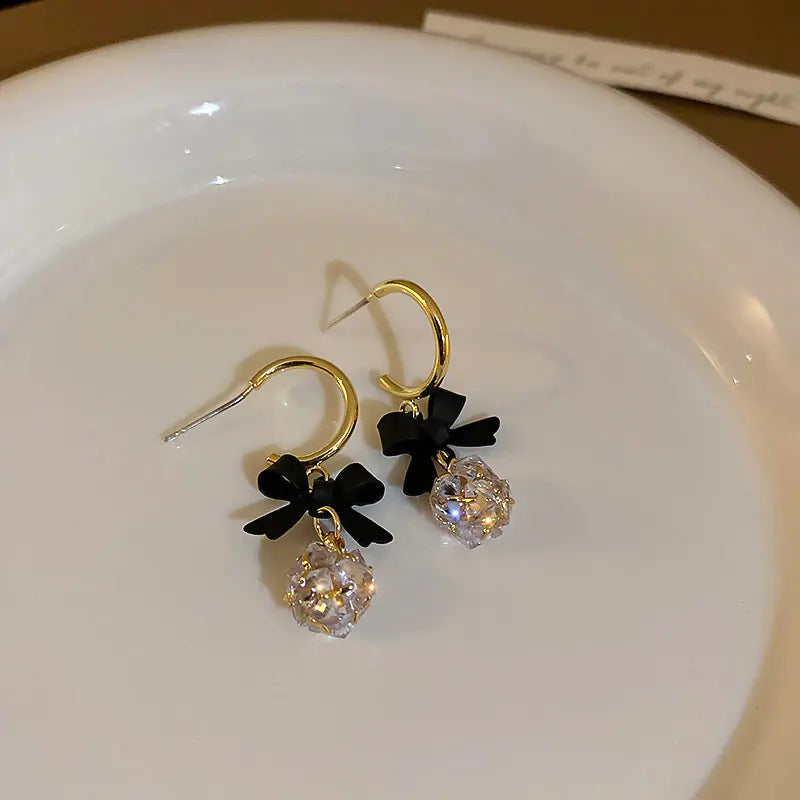 S925 Silver C-Shaped Earrings with Black Butterfly Charm