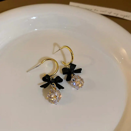 S925 Silver C-Shaped Earrings with Black Butterfly Charm