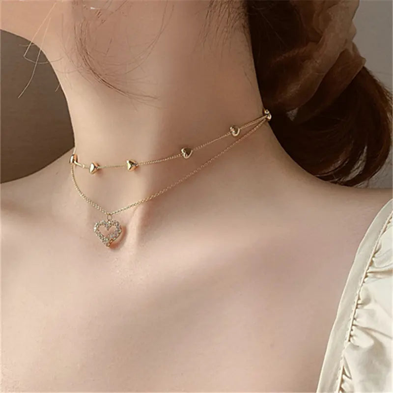 Double-Layered Necklace with Heart Pendant – Gold-Plated & Sparkling