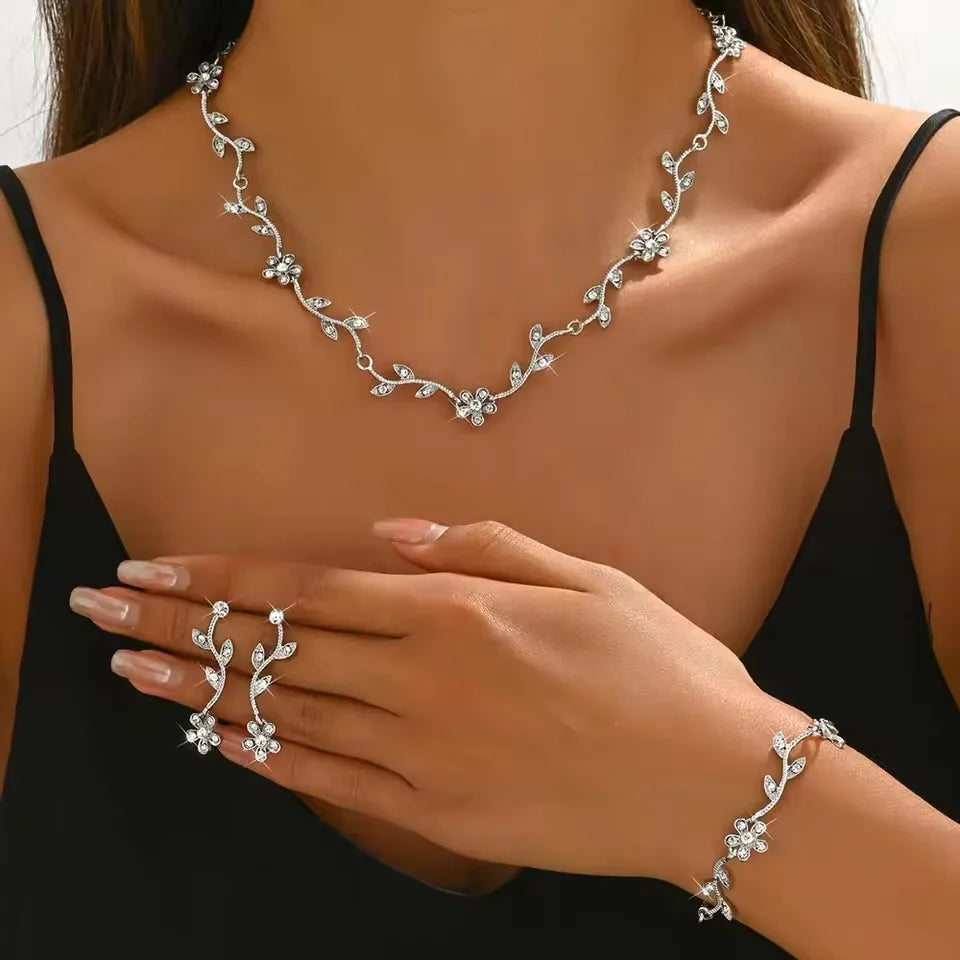 Crystal Bridal Wedding Jewelry Sets African Beads Silver Color Rhinestones Women Necklace Set Engagement Prom Jewelry