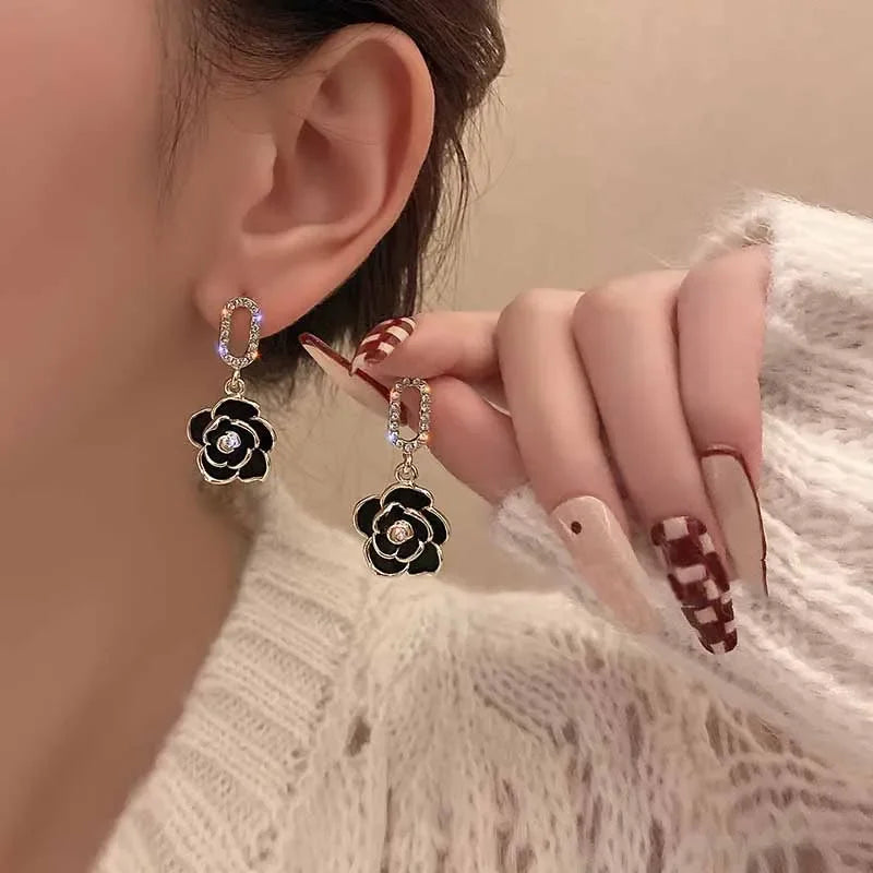 Romantic French Camellia Flower Rhinestone Earrings Drop Stud Earrings Wedding Bride Jewelry for Women Accessories