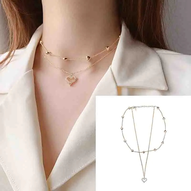 Double-Layered Necklace with Heart Pendant – Gold-Plated & Sparkling