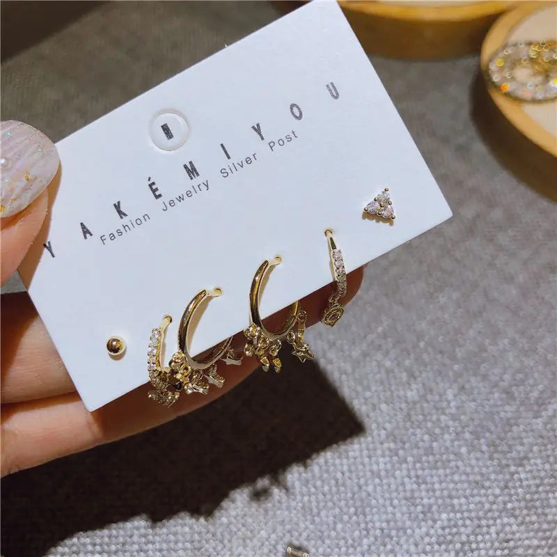 S925 Silver & Copper Star Earring Set (6 Pieces)