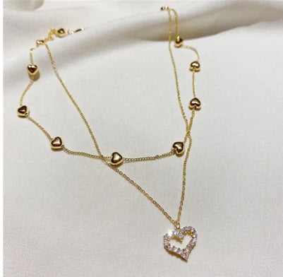 Double-Layered Necklace with Heart Pendant – Gold-Plated & Sparkling