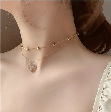 Double-Layered Necklace with Heart Pendant – Gold-Plated & Sparkling