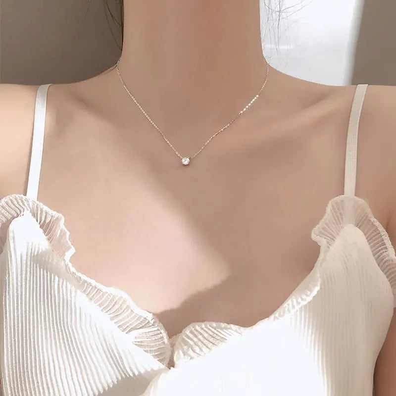 Minimalist 925 Silver Necklace with Zircon Pendant