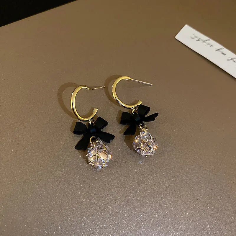 S925 Silver C-Shaped Earrings with Black Butterfly Charm