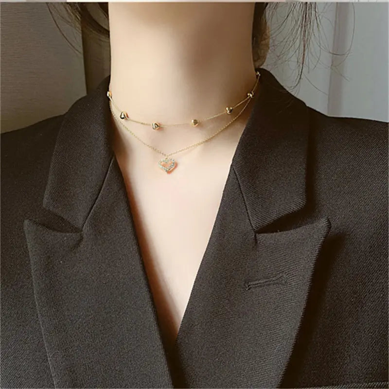 Double-Layered Necklace with Heart Pendant – Gold-Plated & Sparkling
