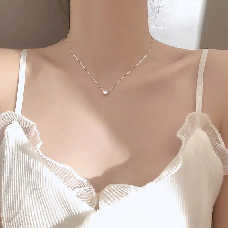 Minimalist 925 Silver Necklace with Zircon Pendant