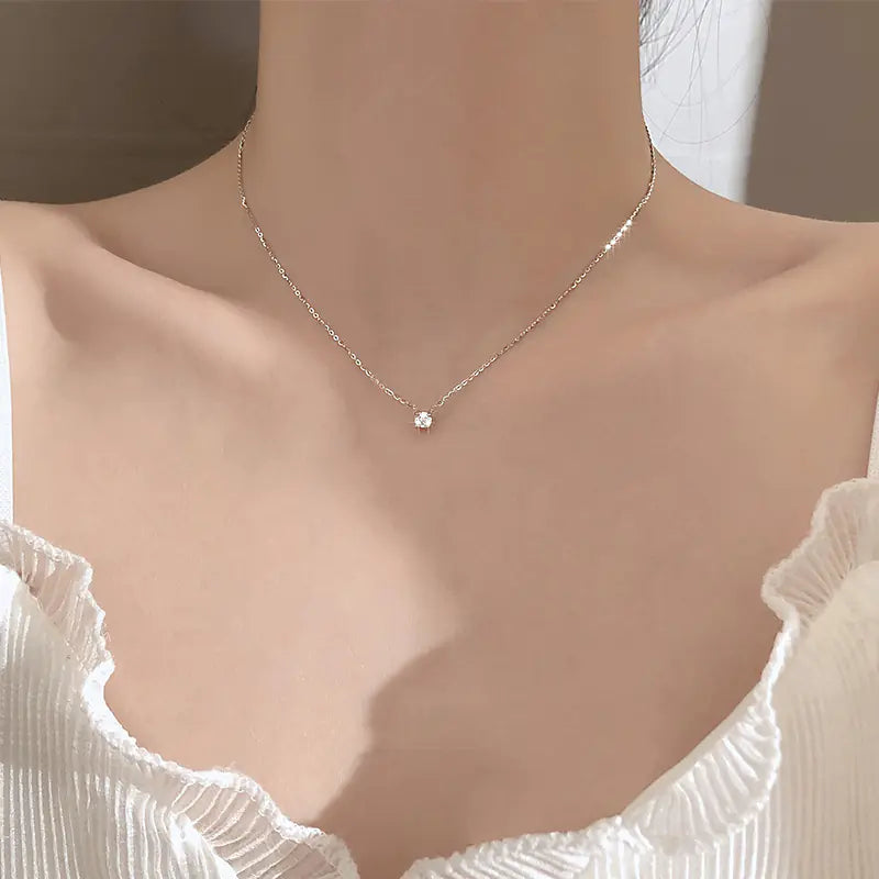 Minimalist 925 Silver Necklace with Zircon Pendant