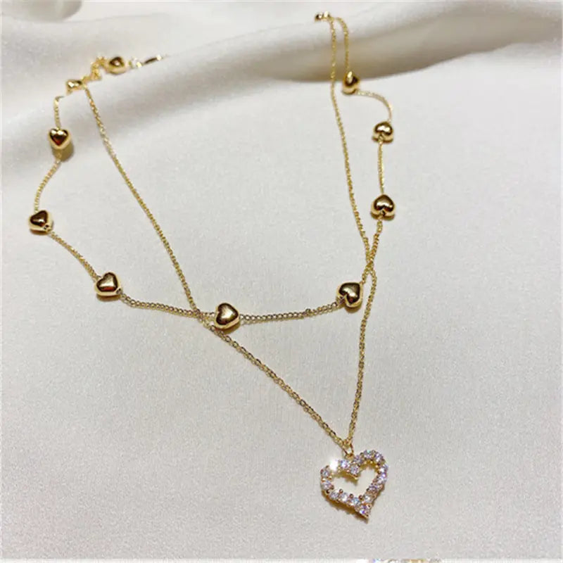 Double-Layered Necklace with Heart Pendant – Gold-Plated & Sparkling